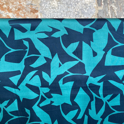 Green and Navy Broken Palms Cotton Satin Abstract Fabric