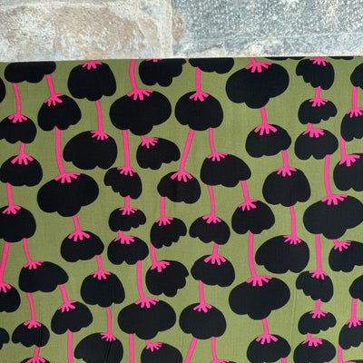 Poppies Pop Moss Green Ecovero Viscose Fabric by Nerida Hansen - £12