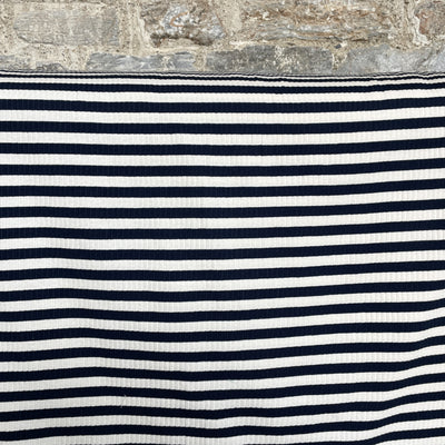 Navy & White Ribbed Striped Jersey Fabric